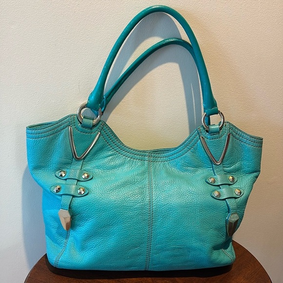 Oryany large Shoulder Bag leather green side of Aqua many inside pockets gold - Picture 10 of 17